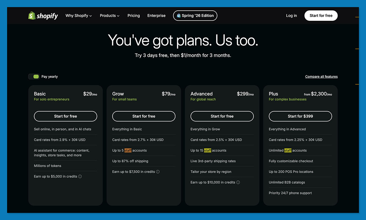 Shopify Pricing in 2026: Plans, Fees, and Real Cost Breakdown - Shopify Plans at a Glance