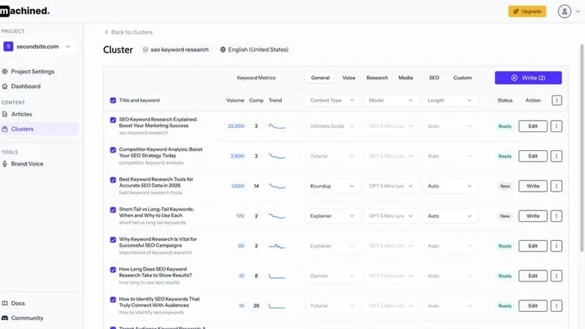 AgentBooks vs Machined: Which AI Content Engine Wins for SEO? product interface and feature overview
