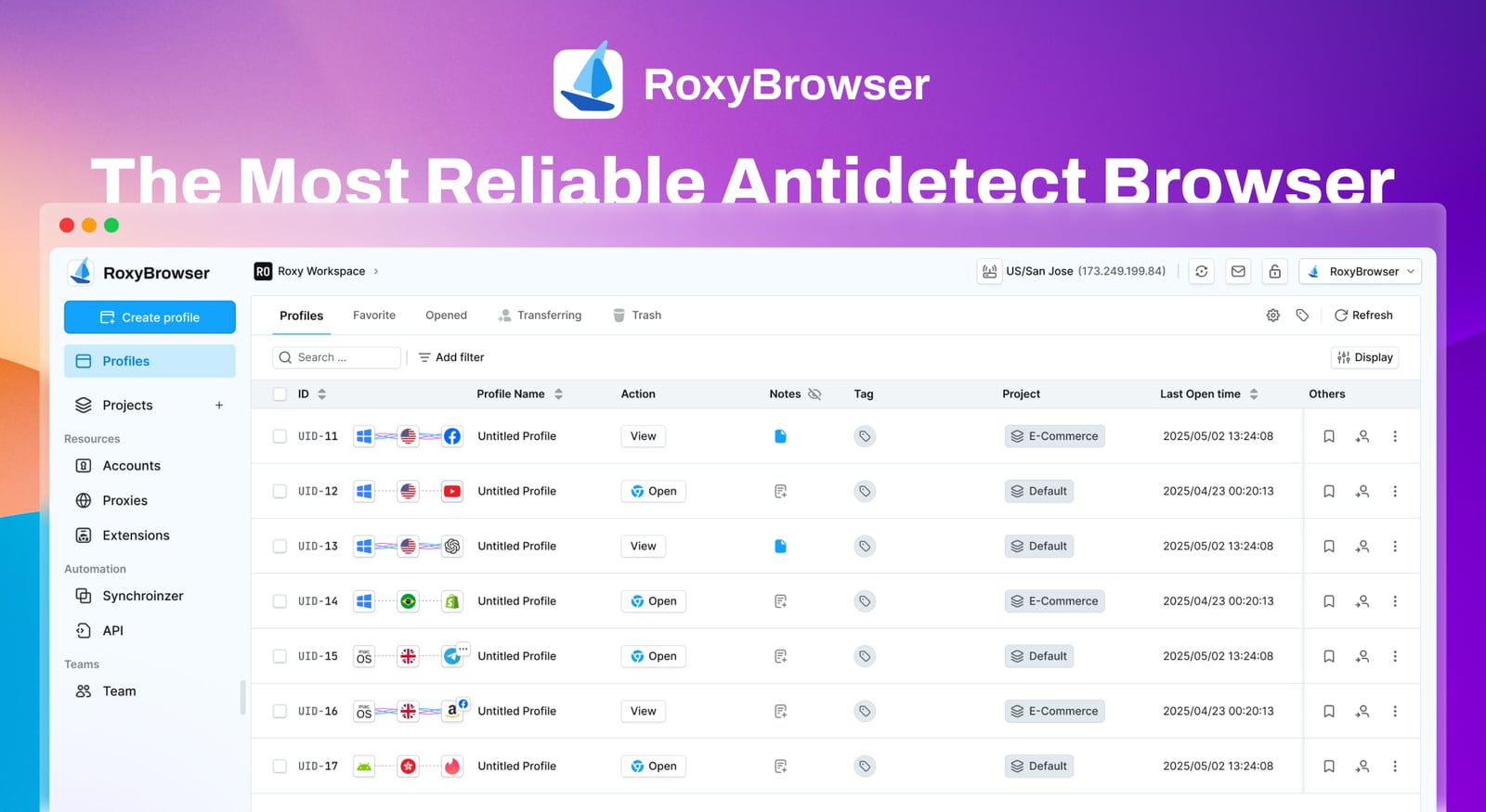 RoxyBrowser product interface