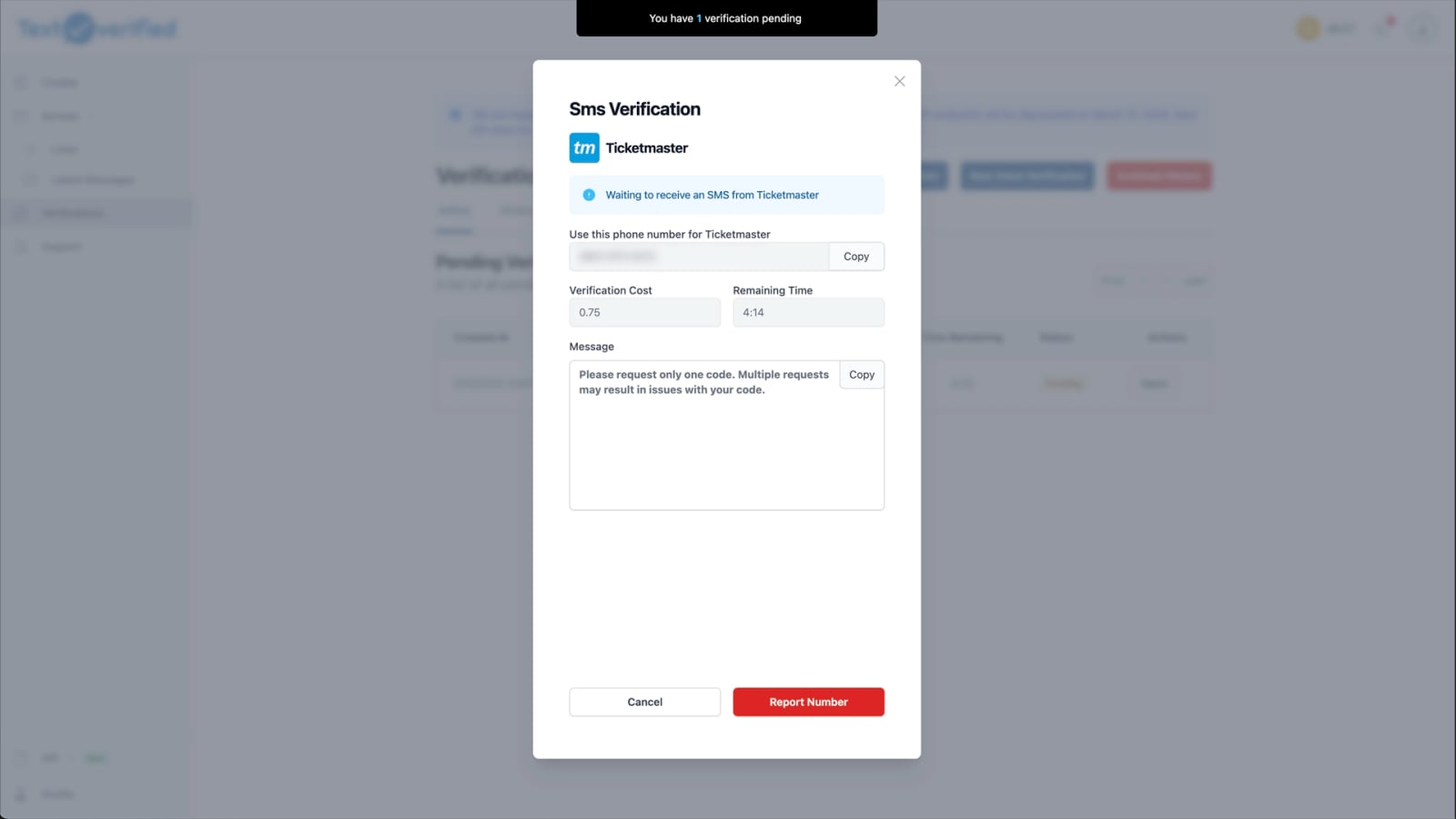 Textverified product interface