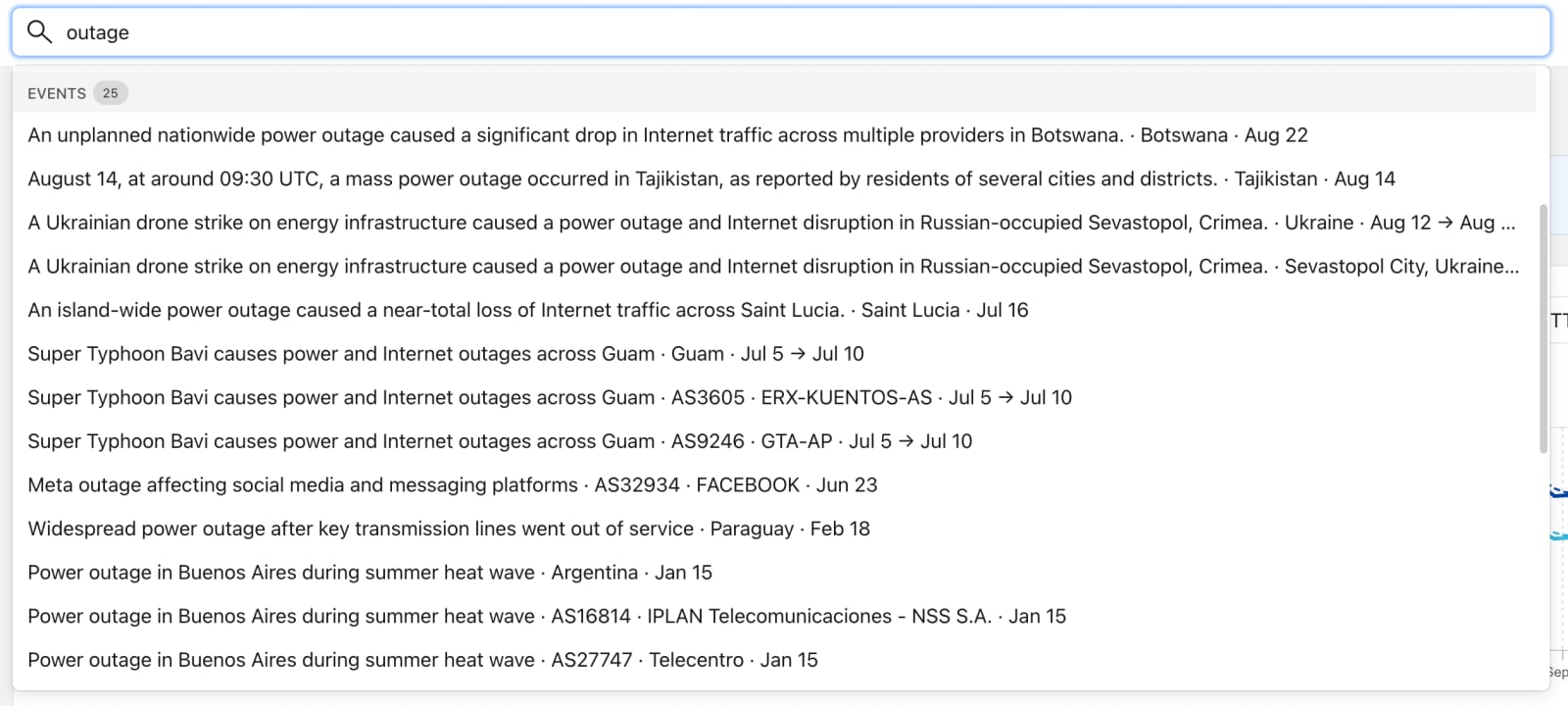 Radar search results showing Internet outage events associated with locations and autonomous systems