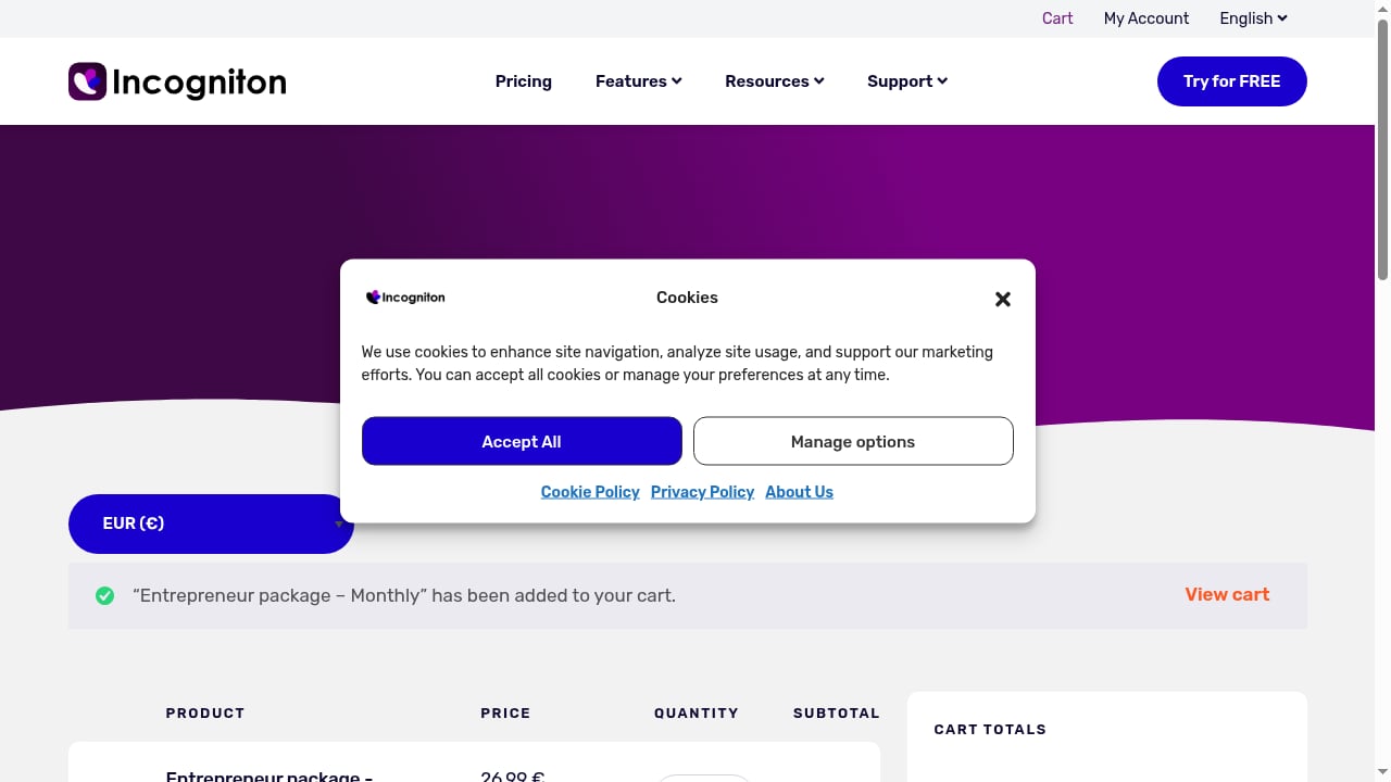 First viewport screenshot of Cart