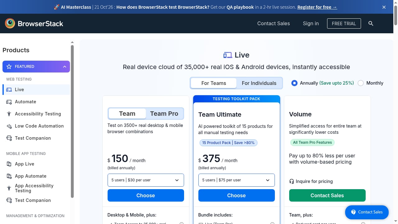First viewport screenshot of BrowserStack Pricing | Plans Starting From Just $12.50 A Month