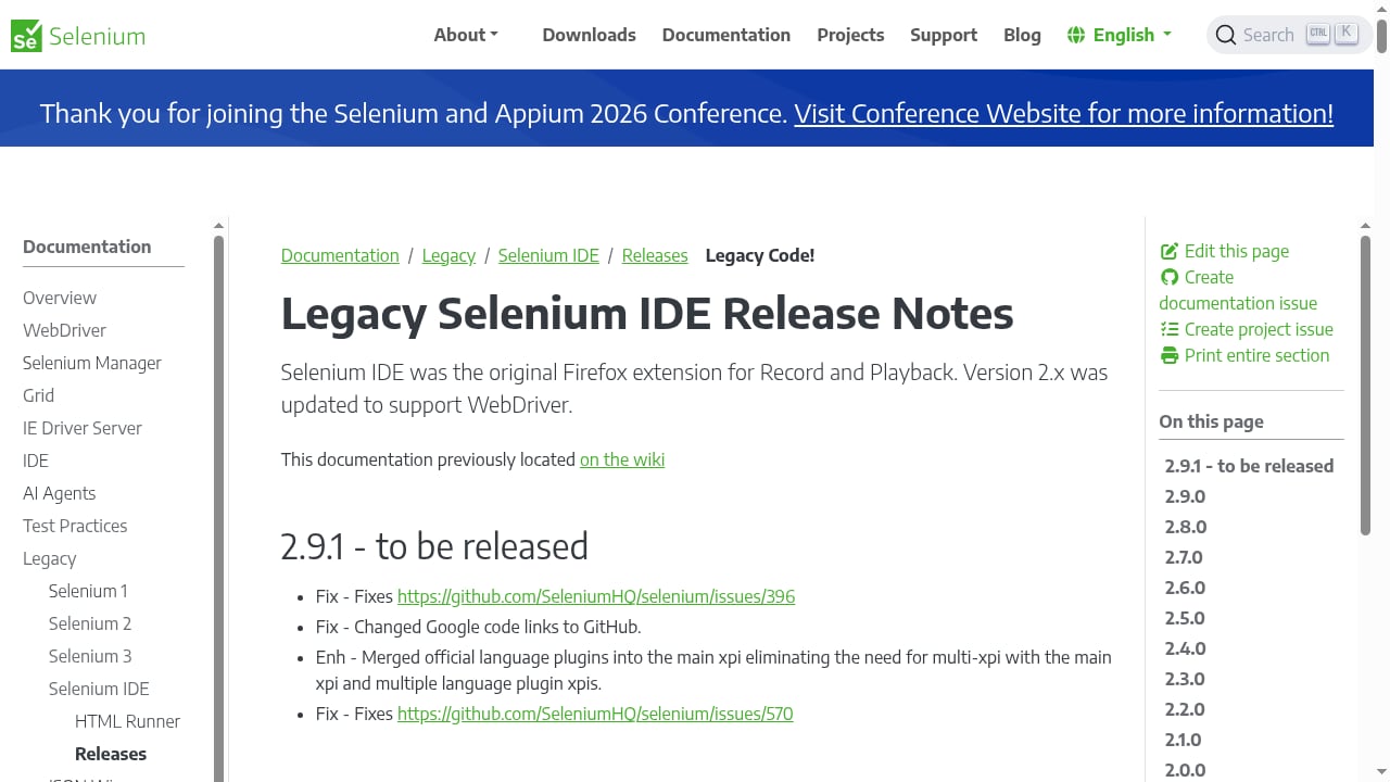 First viewport screenshot of Legacy Selenium IDE Release Notes