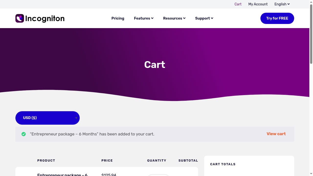 First viewport screenshot of Cart