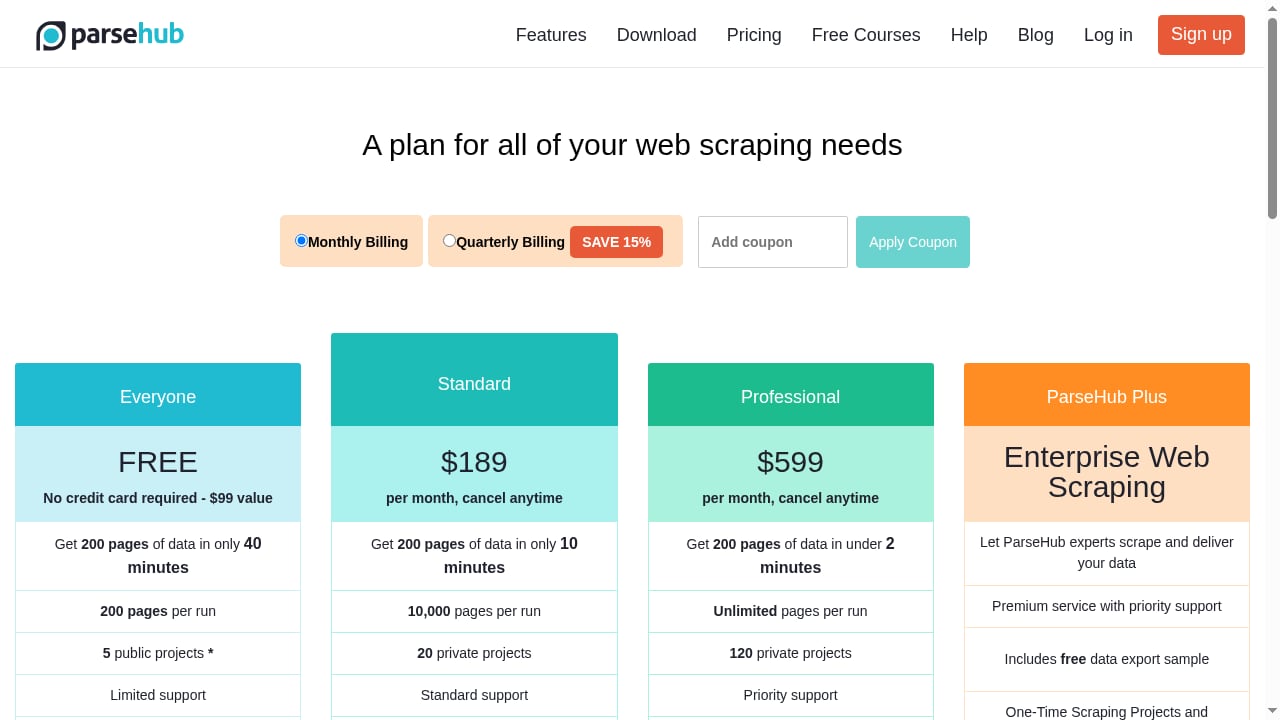 First viewport screenshot of ParseHub Pricing | Free plan and paid subscriptions