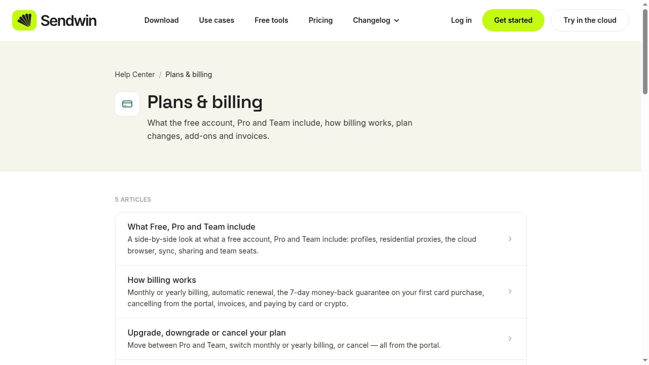 First viewport screenshot of Plans & billing | Sendwin Help Center