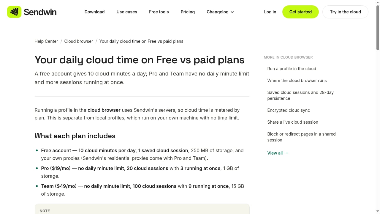 First viewport screenshot of Your daily cloud time on Free vs paid plans | Sendwin Help Center