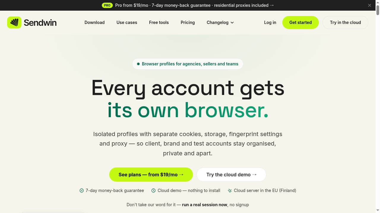 First viewport screenshot of Sendwin — The multi-account browser, desktop & cloud
