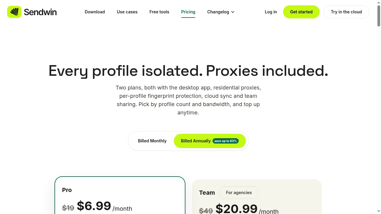 First viewport screenshot of Pricing | Sendwin - Plans for Multi-Account Browser Profiles