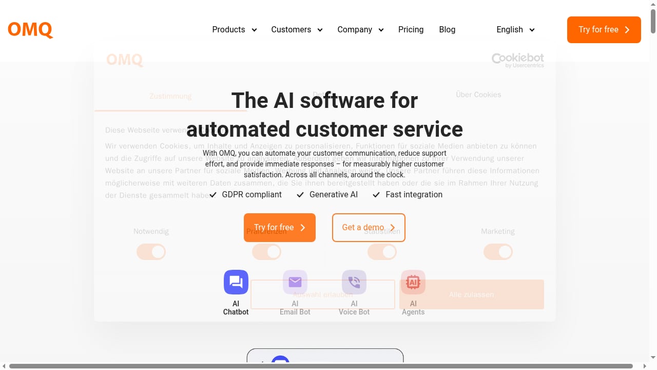 First viewport screenshot of Optimize your support - AI based customer service software | OMQ