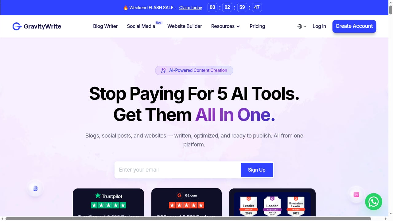 First viewport screenshot of AI Content Writer for Blogs, SEO & Copywriting | GravityWrite