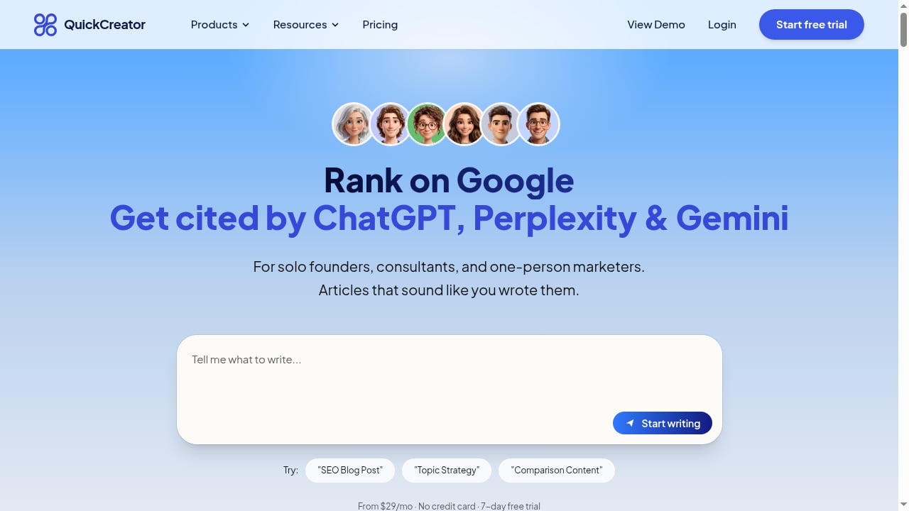 First viewport screenshot of The AI Content Team for Solo Founders | QuickCreator