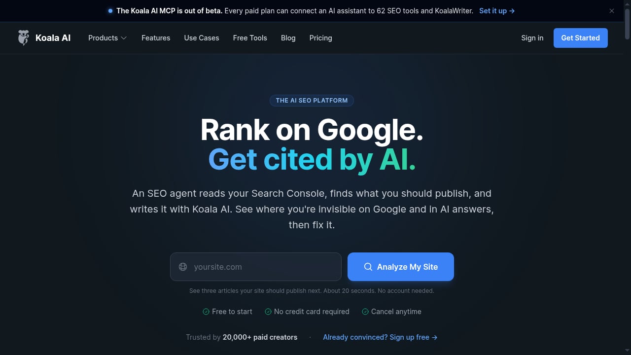 First viewport screenshot of Koala AI: AI SEO Platform for Google and AI Search