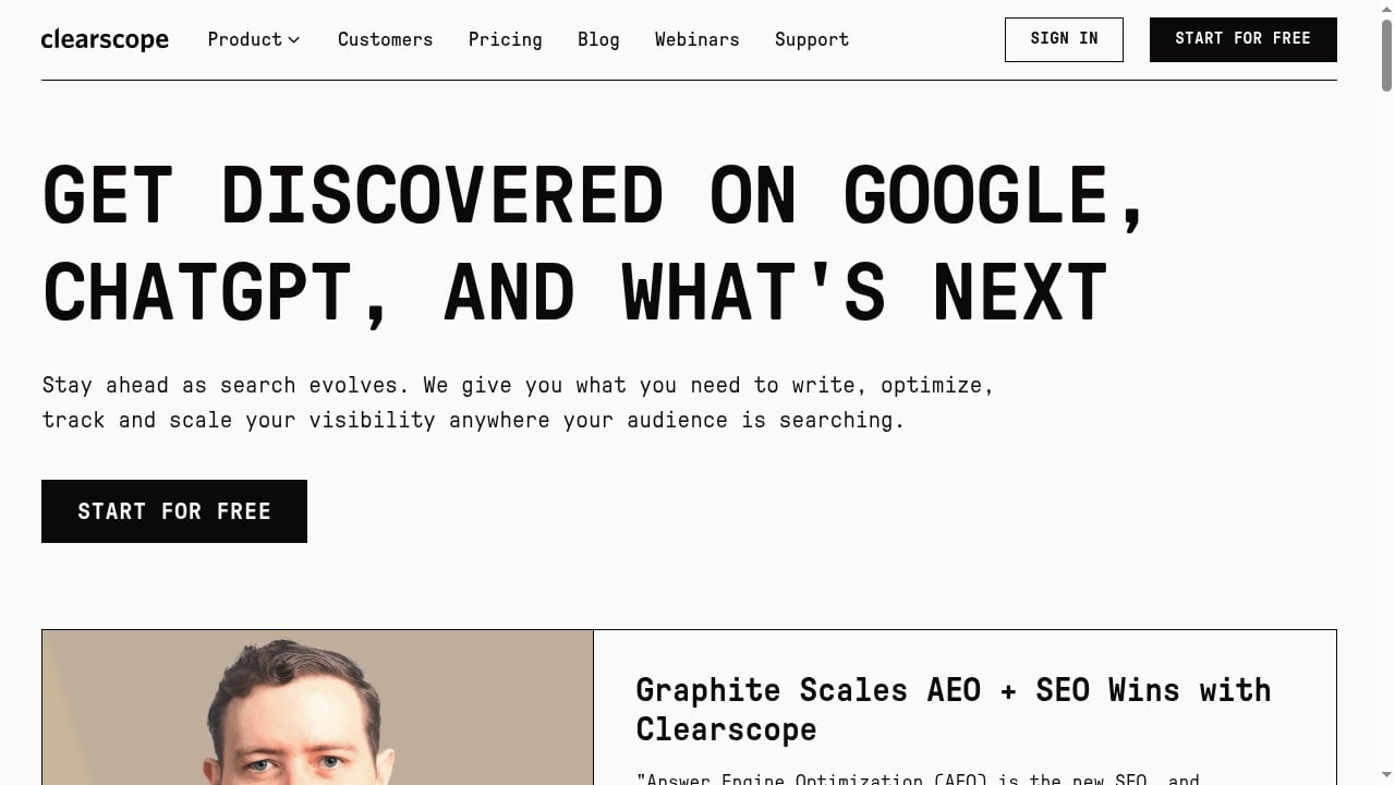 First viewport screenshot of Clearscope | Get Discovered on Google & AI Search