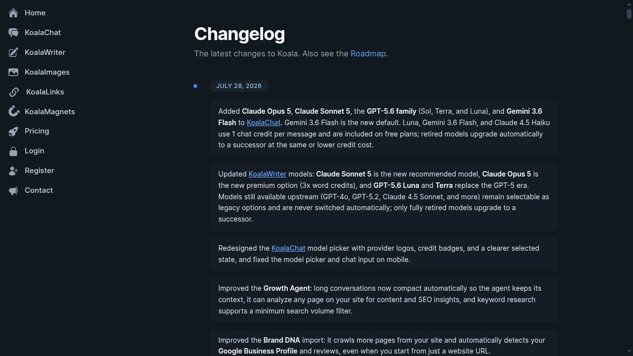 First viewport screenshot of Koala Changelog
