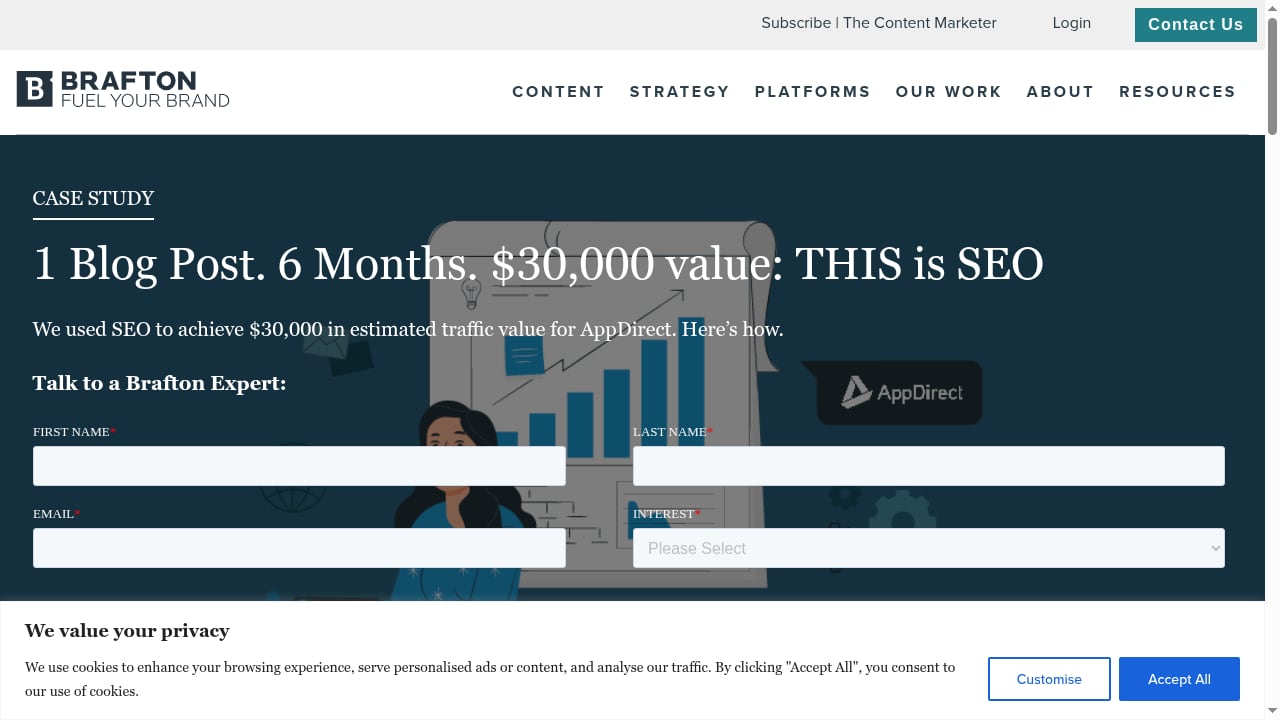 First viewport screenshot of 1 Blog Post. 6 Months. $30,000 Value: THIS Is SEO | Brafton