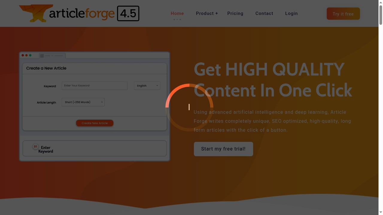 First viewport screenshot of High quality, AI content generator - Article Forge