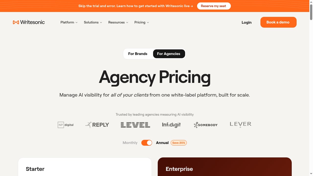 First viewport screenshot of Agency Pricing | Writesonic AI Search Visibility Platform