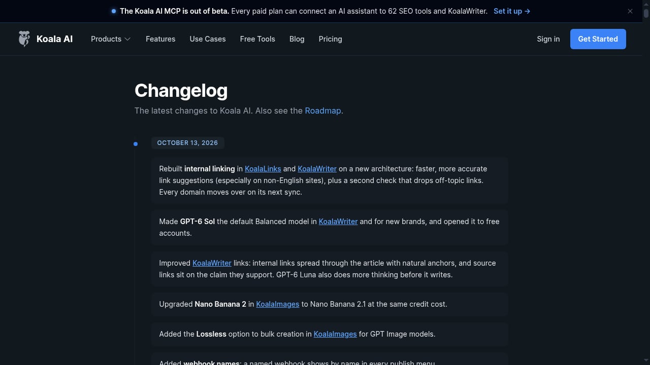First viewport screenshot of Changelog | Koala AI