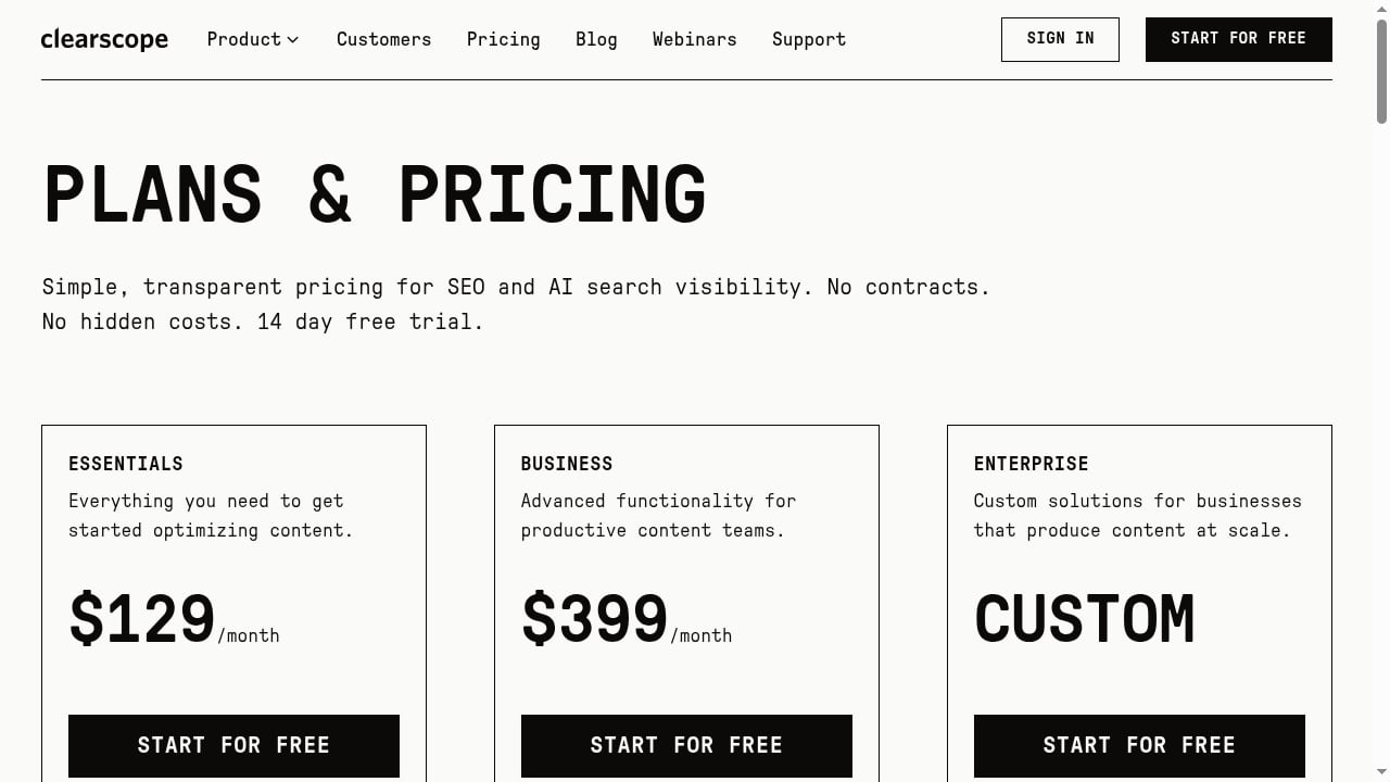 First viewport screenshot of Plans & Pricing | Clearscope