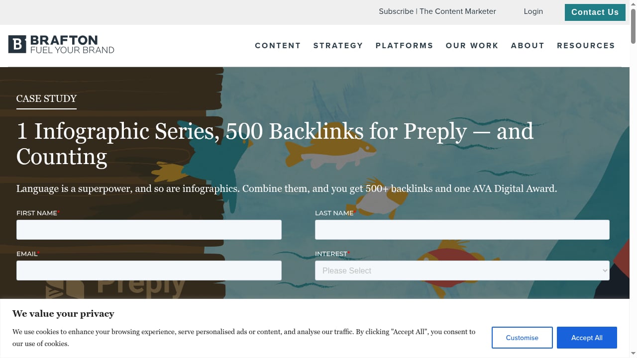 First viewport screenshot of 1 Infographic Series, 500 Backlinks for Preply — and Counting | Brafton