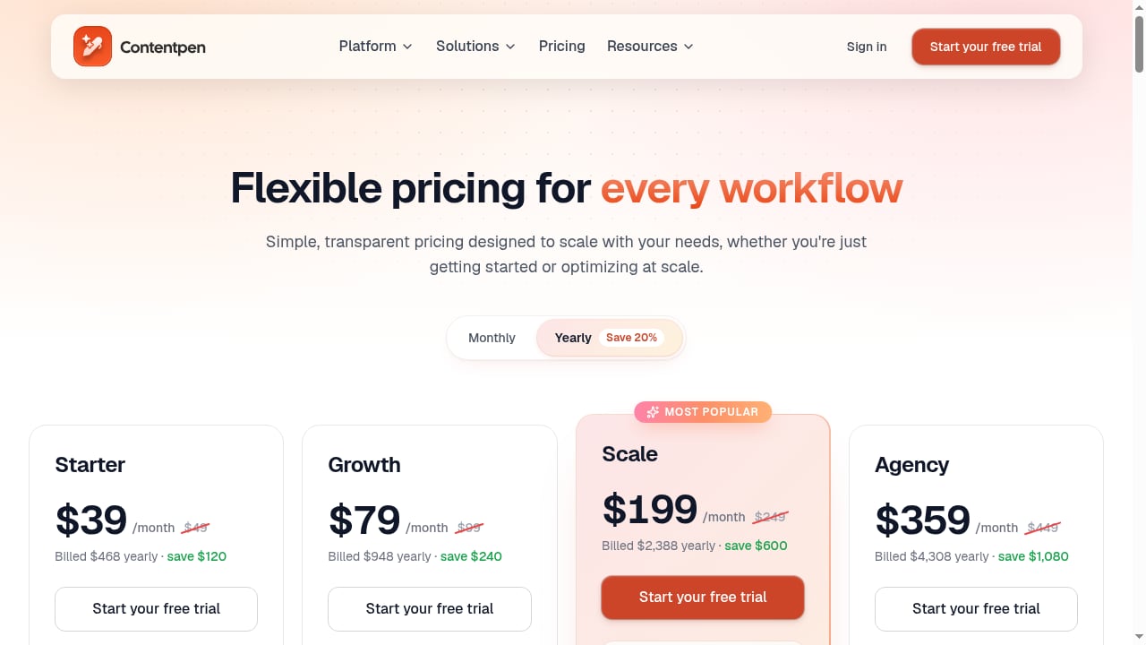 First viewport screenshot of Contentpen Pricing: AEO, SEO & AI Visibility Included