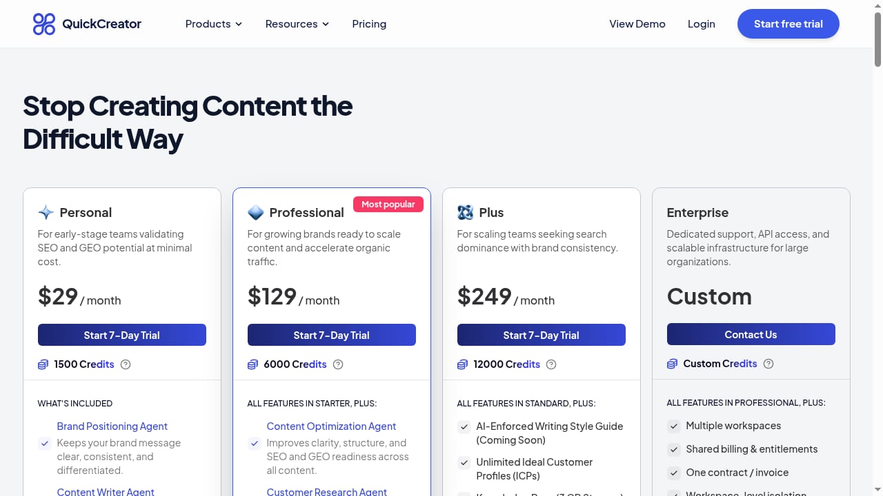 First viewport screenshot of Pricing — Agentic Marketing Platform | QuickCreator