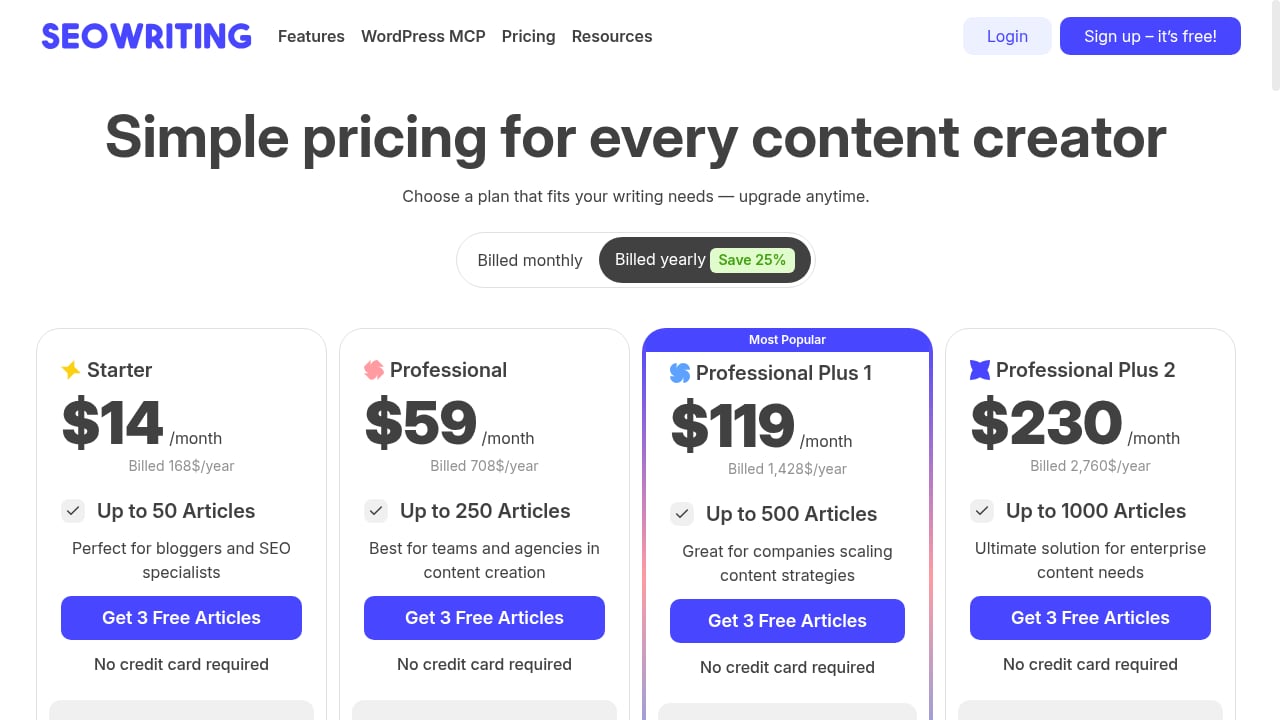 First viewport screenshot of SEOWriting Pricing – Flexible Plans for SEO Content Creation