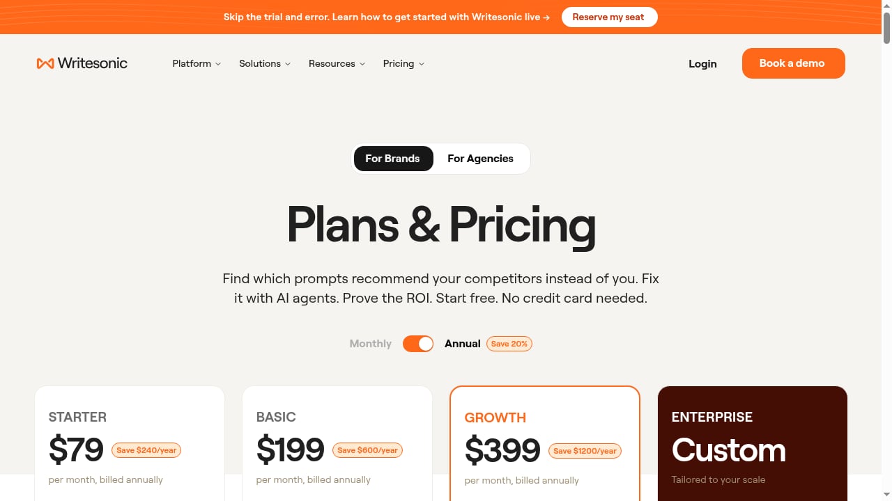 First viewport screenshot of Pricing | Writesonic AI Search Visibility Platform