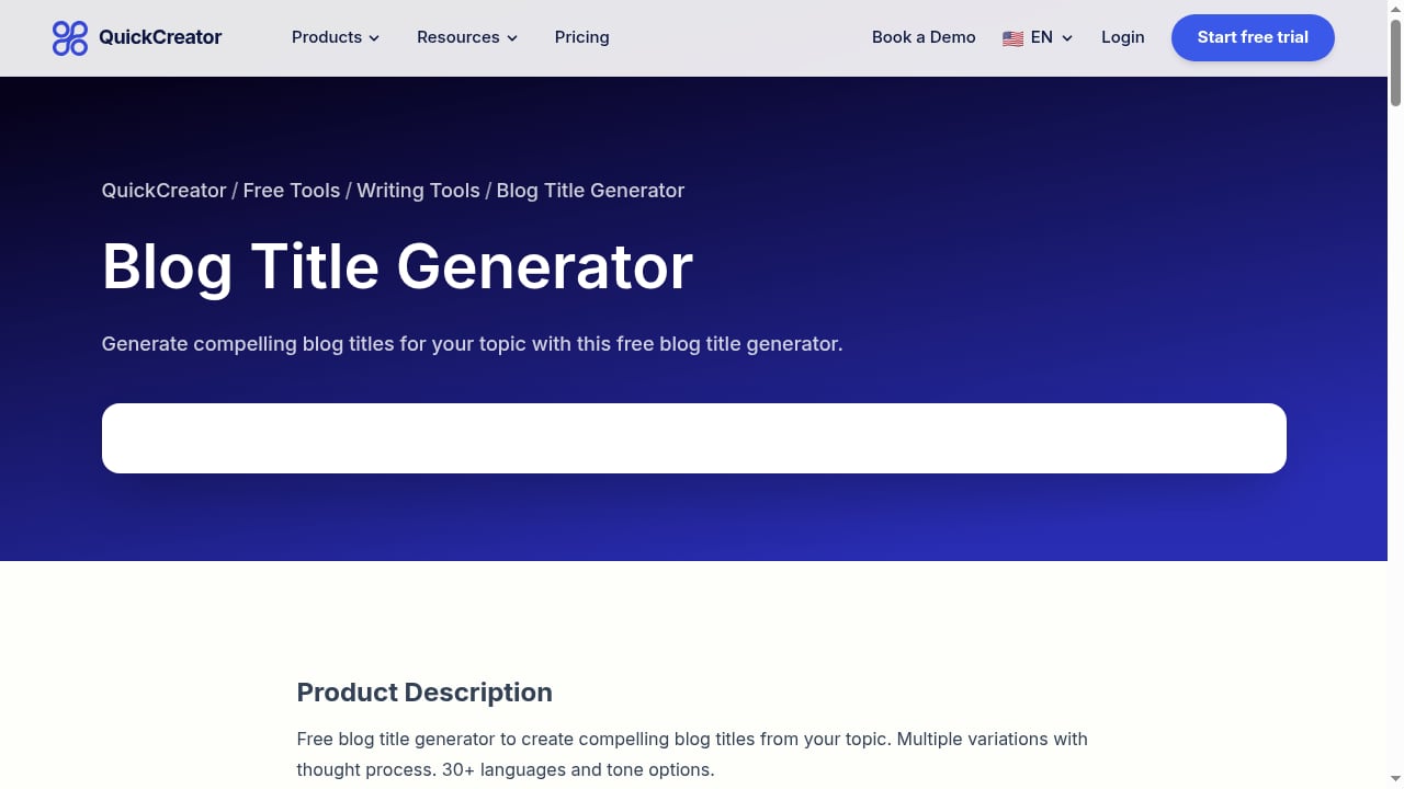 First viewport screenshot of Free Blog Title Generator – Engaging Titles | QuickCreator