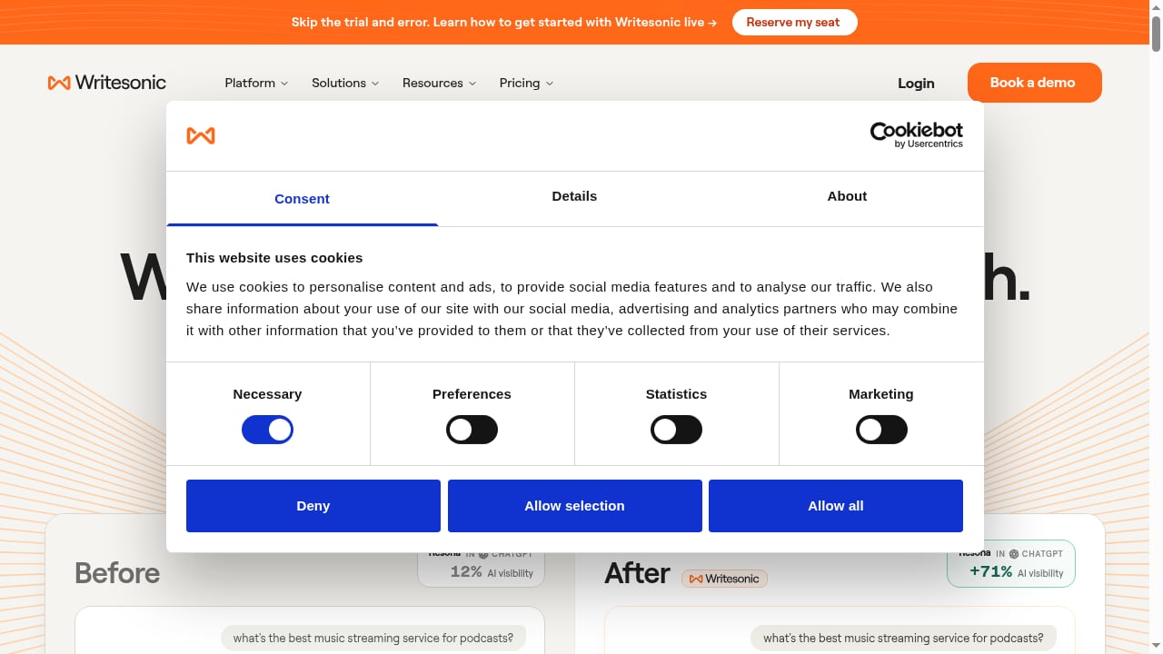 First viewport screenshot of Writesonic | The AI Search Growth Engine. Win Customers.