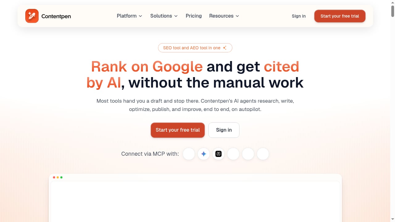 First viewport screenshot of SEO and AEO tool: Get ranked and cited by AI (TRY FREE)