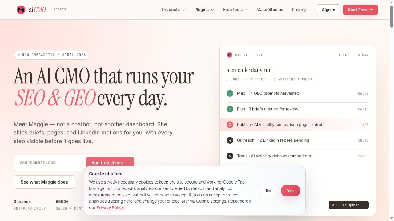 First viewport screenshot of AI CMO for SEO, GEO and Multi-Channel Automation