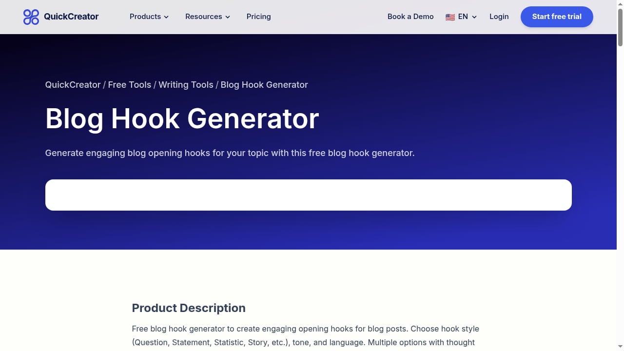 First viewport screenshot of Free Blog Hook Generator – Opening Lines | QuickCreator