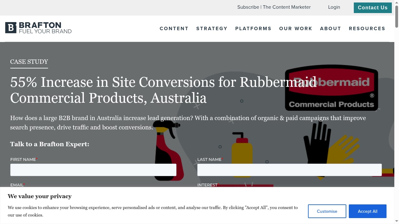 First viewport screenshot of 55% Increase in Site Conversions for Rubbermaid Commercial Products, Australia | Brafton
