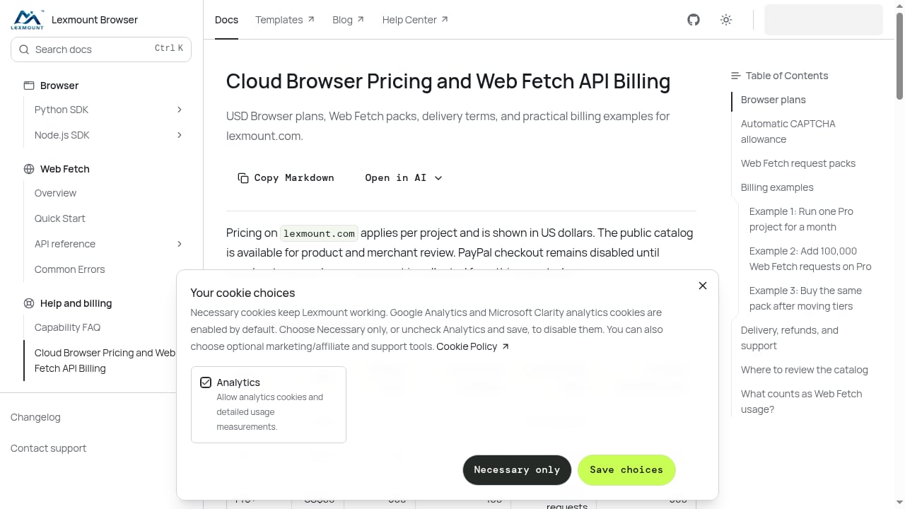 First viewport screenshot of Cloud Browser Pricing and Web Fetch API Billing | Lexmount