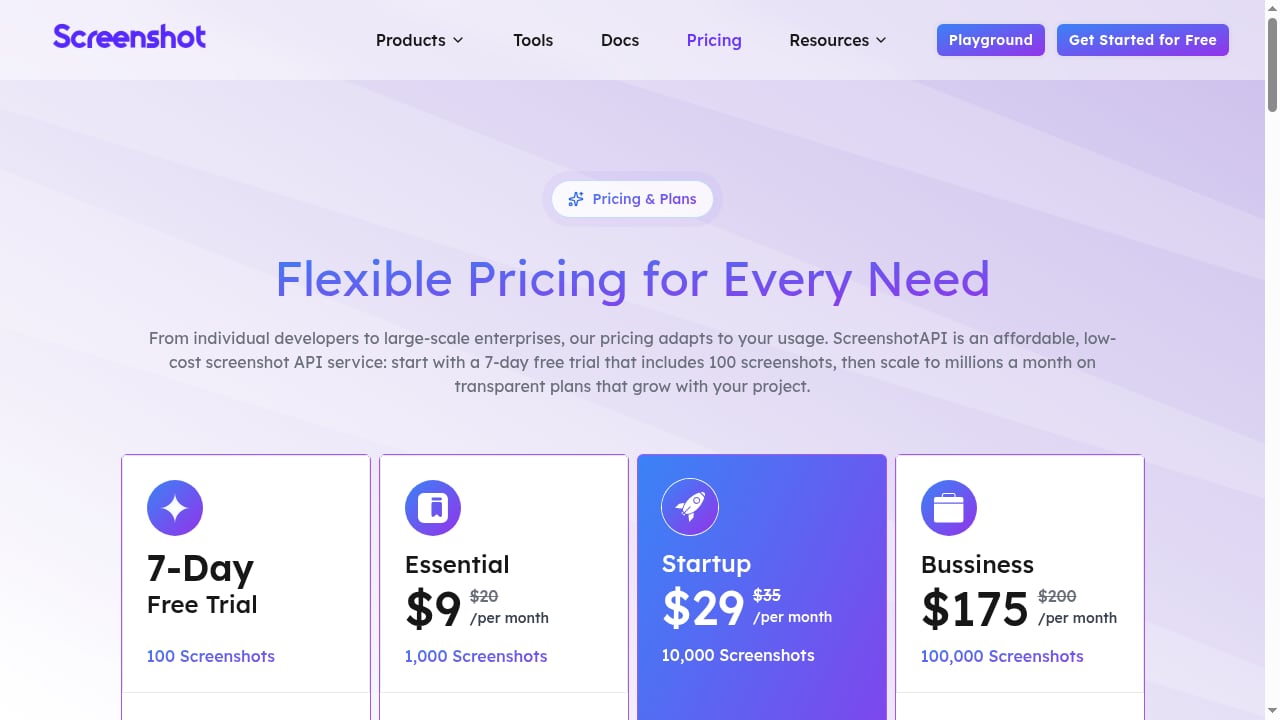 First viewport screenshot of Pricing | ScreenshotAPI.net