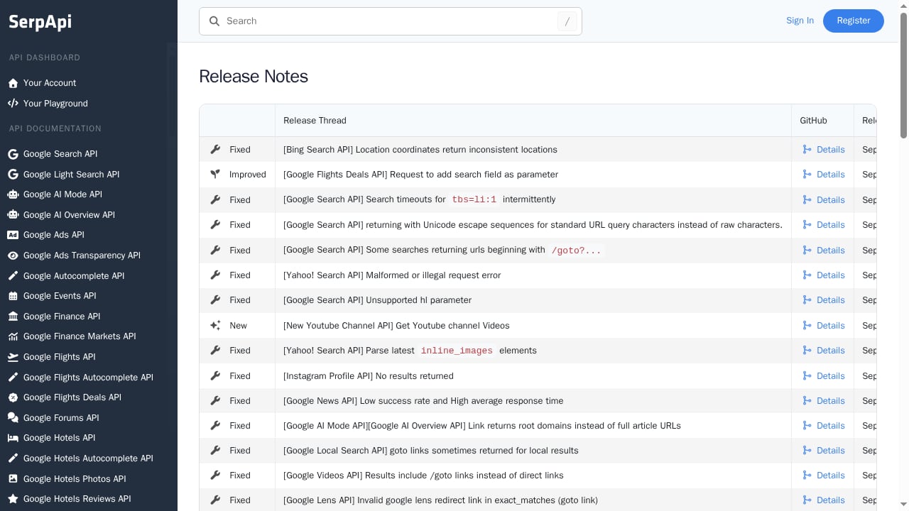 First viewport screenshot of SerpApi Release Notes - SerpApi
