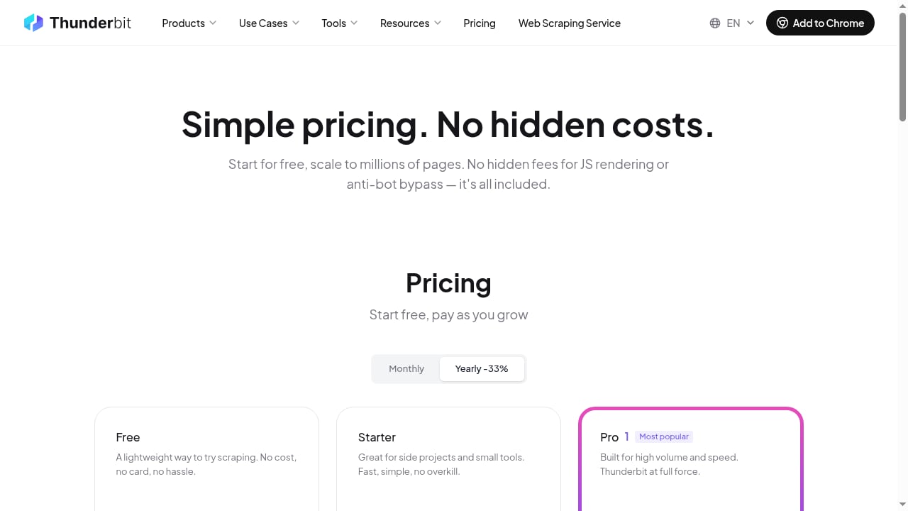 First viewport screenshot of Thunderbit Web Scraping API Pricing