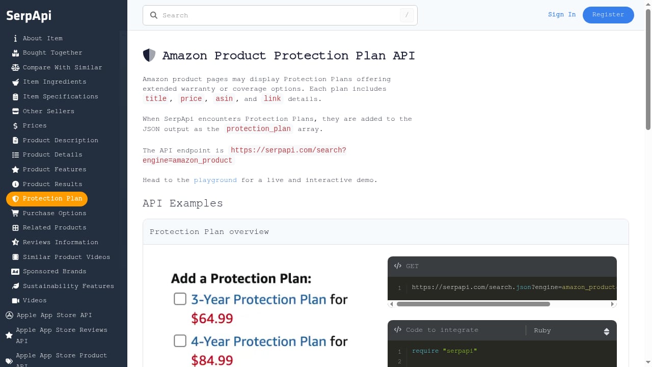 First viewport screenshot of Amazon Product Protection Plan API - SerpApi