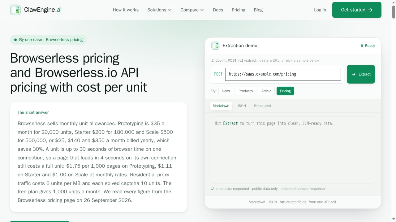 First viewport screenshot of Browserless Pricing and Browserless.io Cost per Unit | ClawEngine