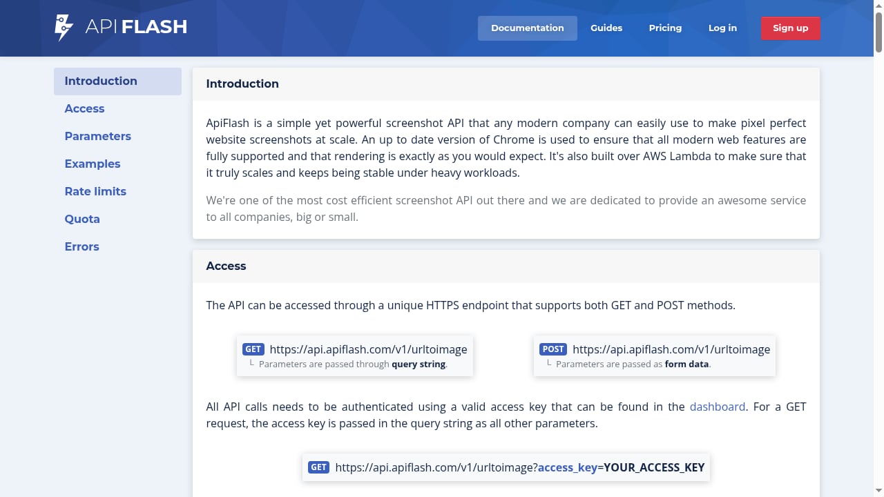 First viewport screenshot of ApiFlash documentation to use our website screenshot API.