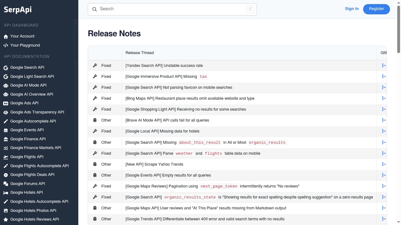 First viewport screenshot of SerpApi Release Notes - SerpApi