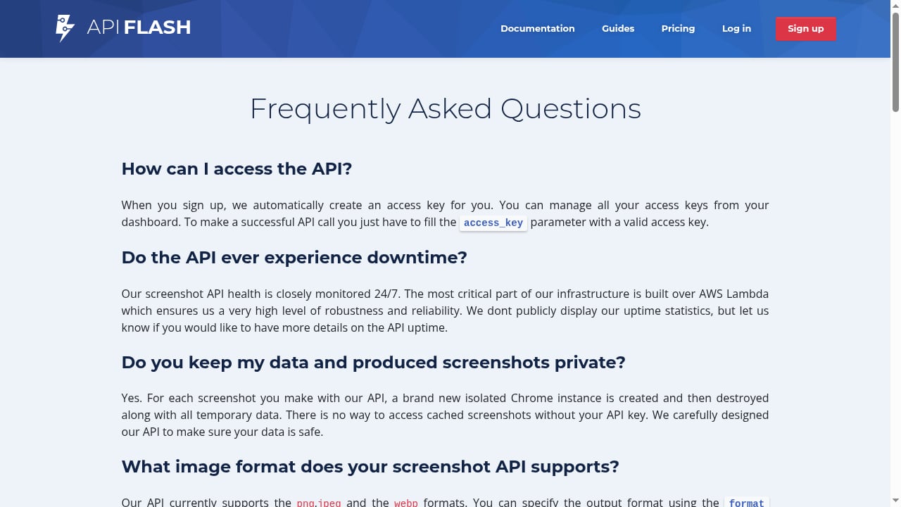 First viewport screenshot of The most frequently asked questions about ApiFlash.