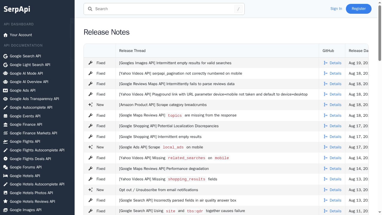 First viewport screenshot of SerpApi Release Notes - SerpApi