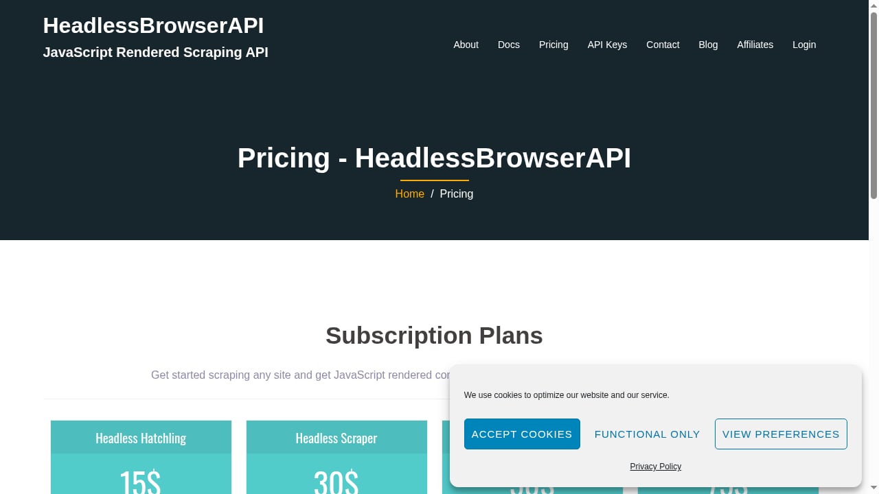 First viewport screenshot of Pricing - HeadlessBrowserAPI
