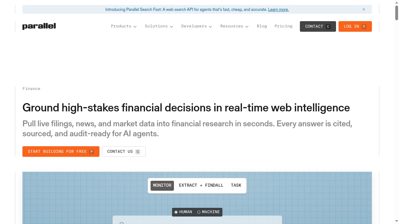 First viewport screenshot of Financial Research API for AI Agents | Parallel