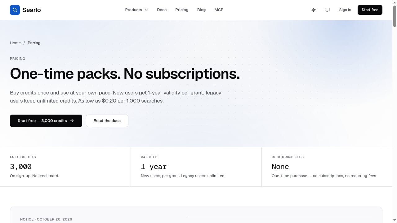First viewport screenshot of Pricing: Pay-As-You-Go Search API from $0.20/1K | Searlo