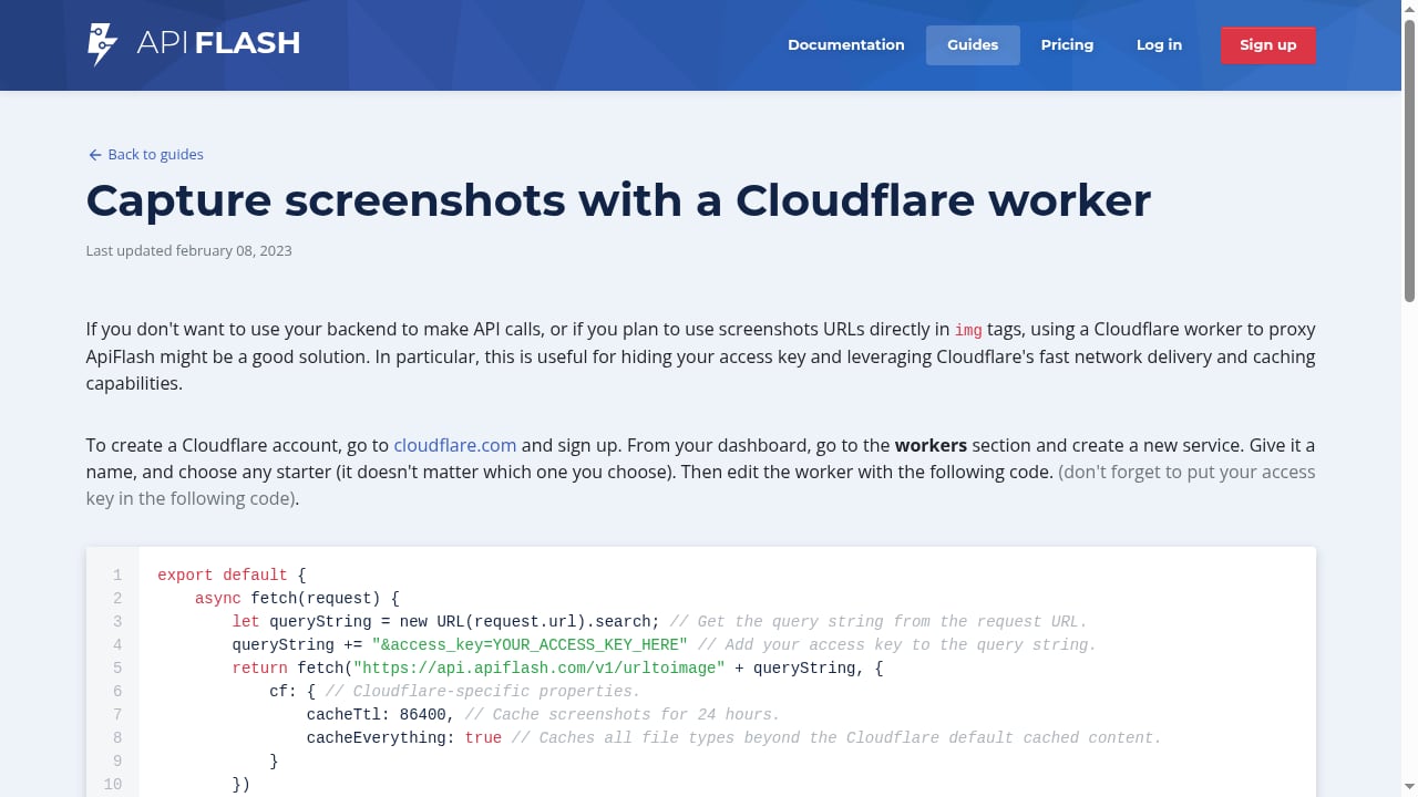 First viewport screenshot of Guide to capture screenshots through a Cloudflare worker.